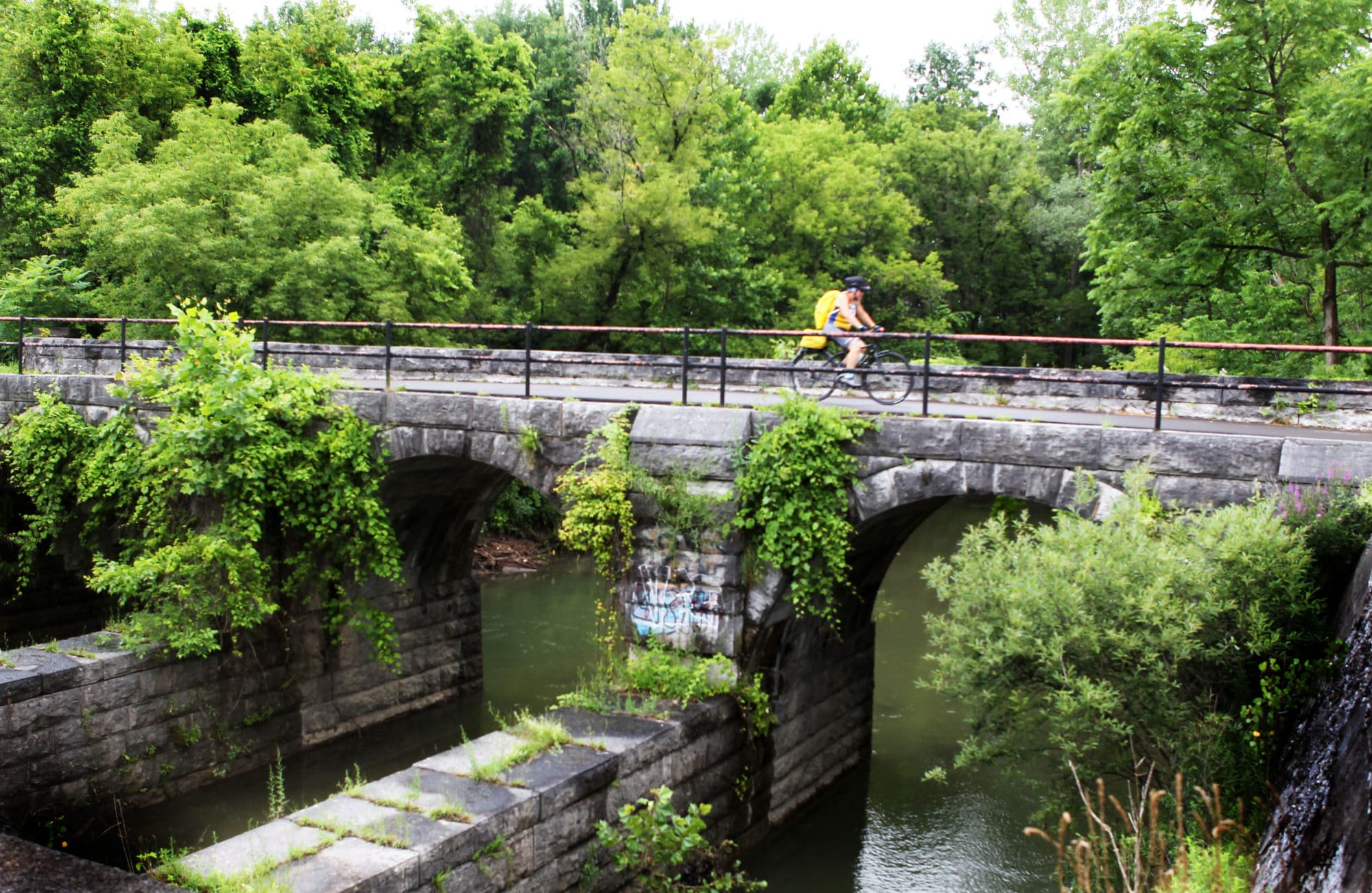 Hung with vines and greenery, an aqueduct spans Limestone Creek in Fayetteville, NY, along the Erie Canalway Trail, part of the longer Empire State Trail in New York State.