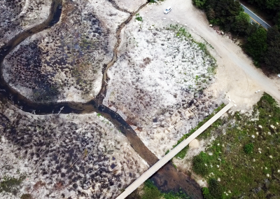 An aerial view of a restored cranberry bog in Massachusetts