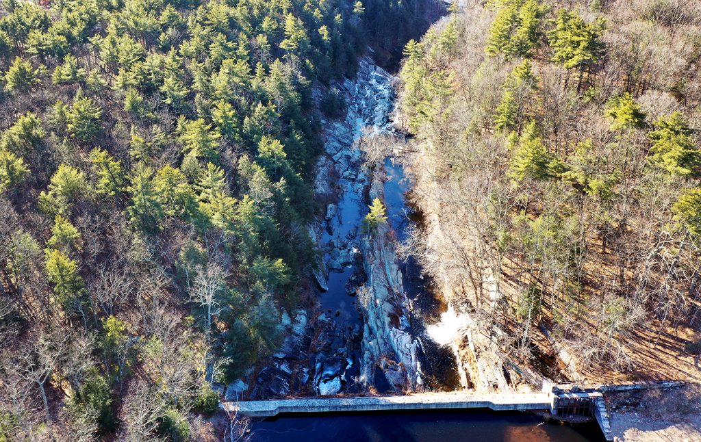An overhead view of a rugged, rocky creek.