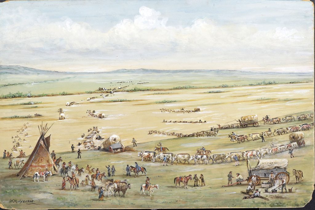 A painting of the American Plains, showing a tepee, horses, encampments, and covered wagons crossing the flat landscape