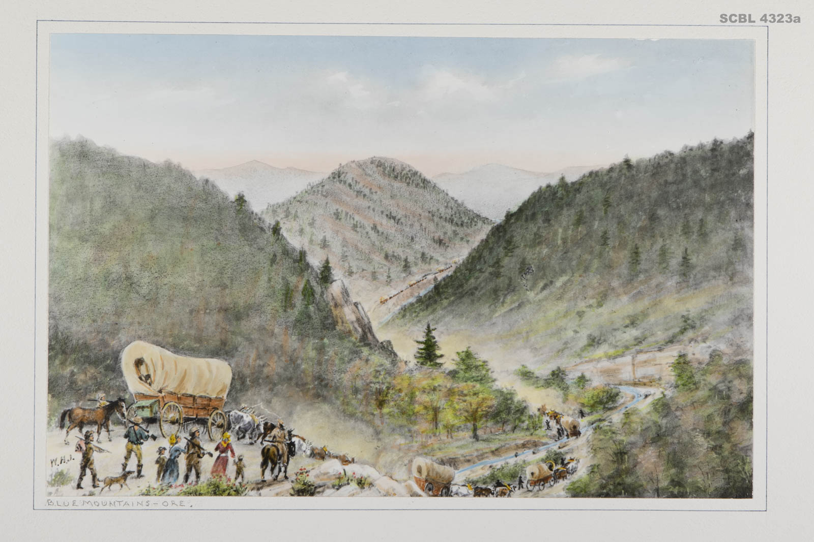 A painting of horses and a covered wagon crossing the mountains of Oregon
