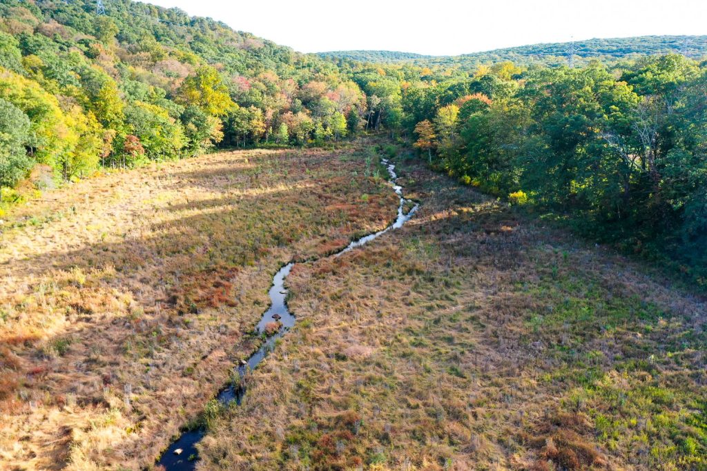 Aerial view of the former lakebed at Lake Hudsonia, showing Hibernia Brook restored to its free-flowing state.